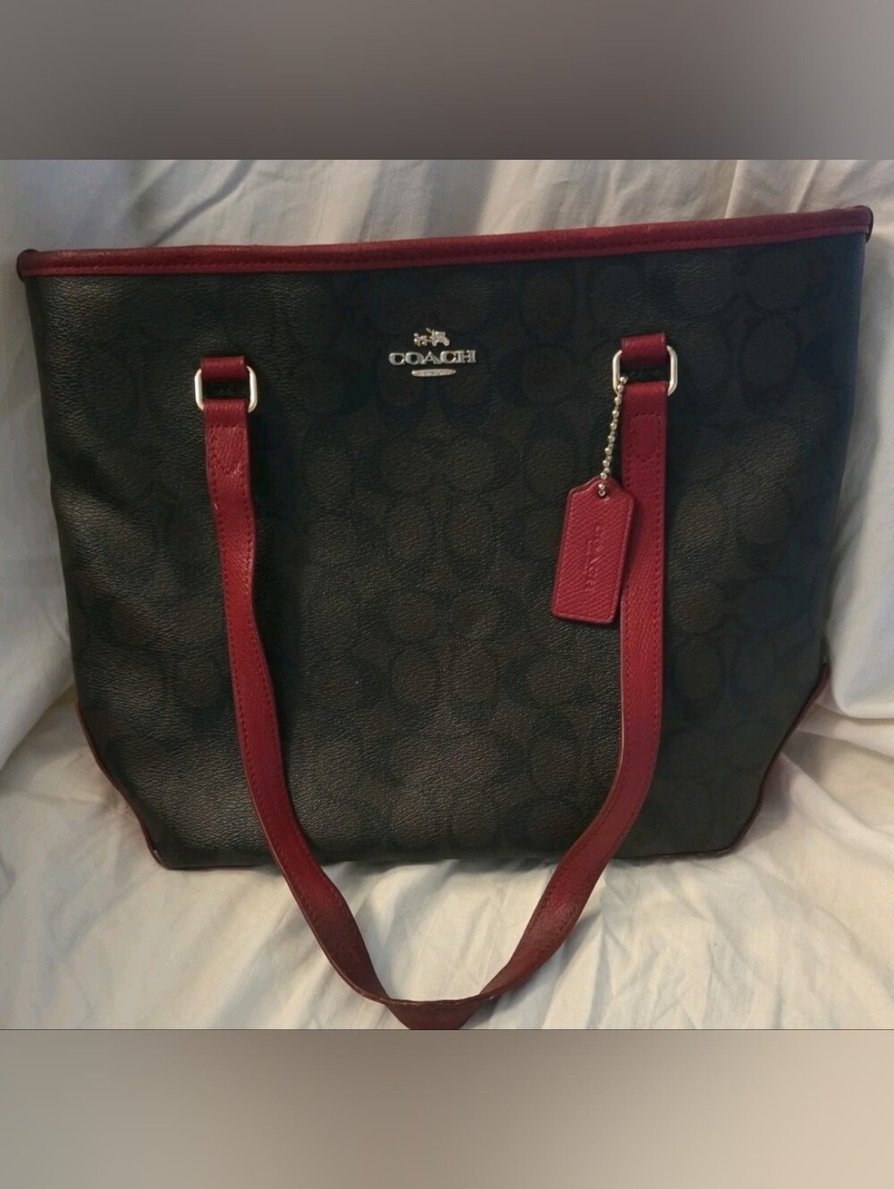 Coach Signature Tote Brown Red Signature "C" Leather Shoulder Bag Purse Y2K
